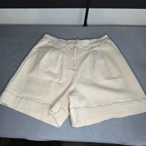 MNK Cream High Rise Pleated Denim Shorts Size 12 Off White Cuffed NWT